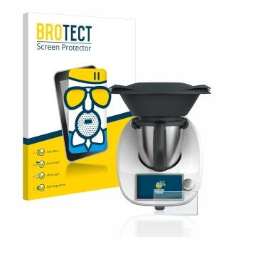 Front side of a product packaging with the brand logo BROTECT. Next to it is the device Vorwerk Thermomix TM6 shown with the c