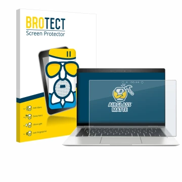 Front side of a product packaging with the brand logo BROTECT. Next to it is the device HP EliteBook x360 1030 G3 shown with t