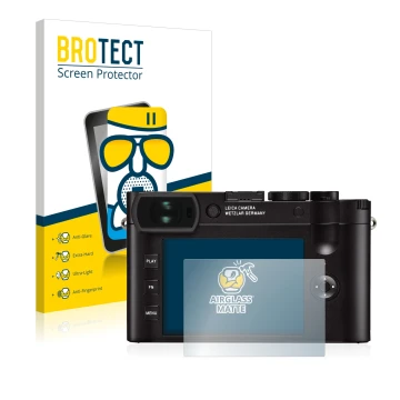 Front side of a product packaging with the brand logo BROTECT. Next to it is the device Leica Q2 shown with the corresponding 