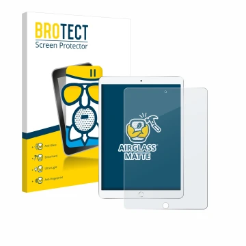 Front side of a product packaging with the brand logo BROTECT. Next to it is the device Apple iPad Air 2019 (3th Gen.) shown w