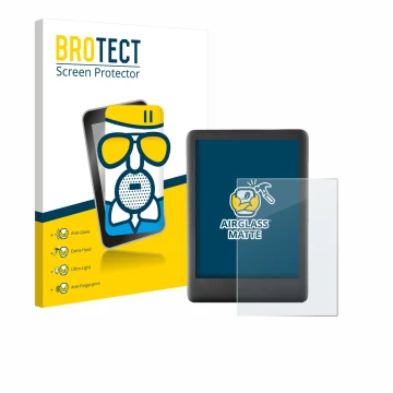 Front side of a product packaging with the brand logo BROTECT. Next to it is the device Amazon Kindle 2019 (10th Gen.) shown w