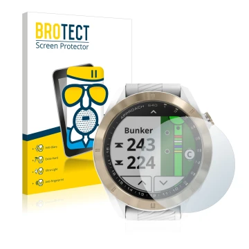 Front side of a product packaging with the brand logo BROTECT. Next to it is the device Garmin Approach S40 shown with the cor