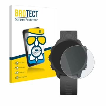 Front side of a product packaging with the brand logo BROTECT. Next to it is the device Garmin Forerunner 245 Music shown with