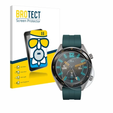 Front side of a product packaging with the brand logo BROTECT. Next to it is the device Huawei Watch GT Active shown with the 