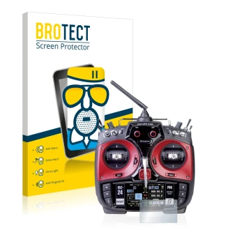 Front side of a product packaging with the brand logo BROTECT. Next to it is the device Graupner mz-24 Pro shown with the corr