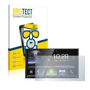Front side of a product packaging with the brand logo BROTECT. Next to it is the device Kenwood DMX7017DABS shown with the cor
