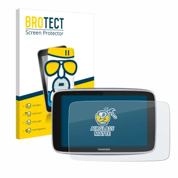 Front side of a product packaging with the brand logo BROTECT. Next to it is the device TomTom GO Premium X shown with the cor