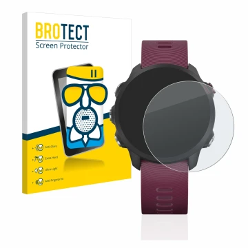 Front side of a product packaging with the brand logo BROTECT. Next to it is the device Garmin Forerunner 245 shown with the c