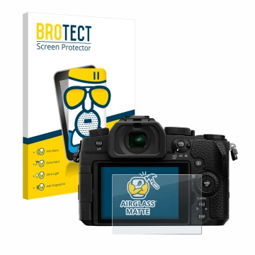 Front side of a product packaging with the brand logo BROTECT. Next to it is the device Panasonic Lumix DC-G91 shown with the 