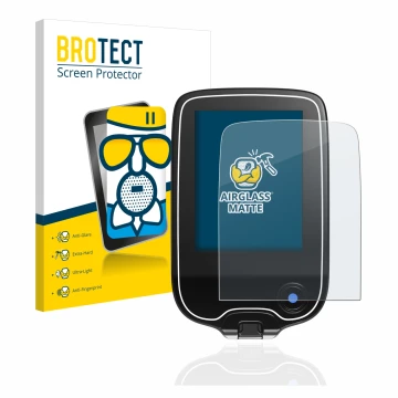 Front side of a product packaging with the brand logo BROTECT. Next to it is the device Freestyle Libre 2 shown with the corre