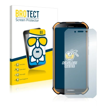 Front side of a product packaging with the brand logo BROTECT. Next to it is the device Doogee S40 shown with the correspondin