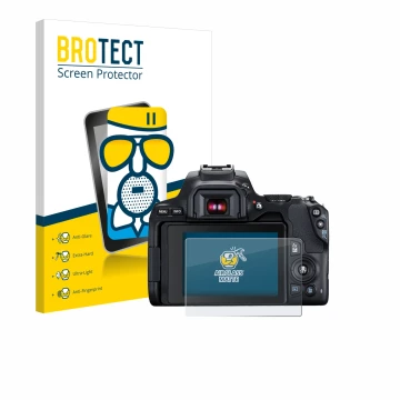 Front side of a product packaging with the brand logo BROTECT. Next to it is the device Canon EOS 250D shown with the correspo