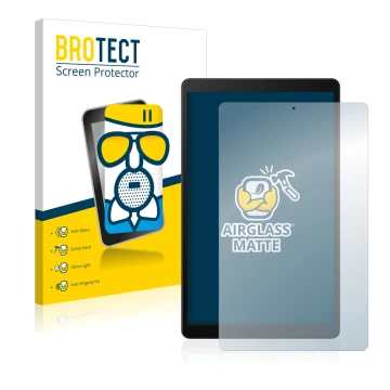 Front side of a product packaging with the brand logo BROTECT. Next to it is the device Samsung Galaxy Tab A 10.1 2019 shown w