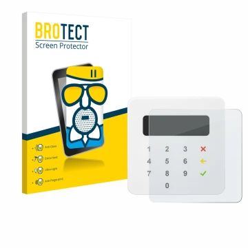 Front side of a product packaging with the brand logo BROTECT. Next to it is the device SumUp Air shown with the corresponding