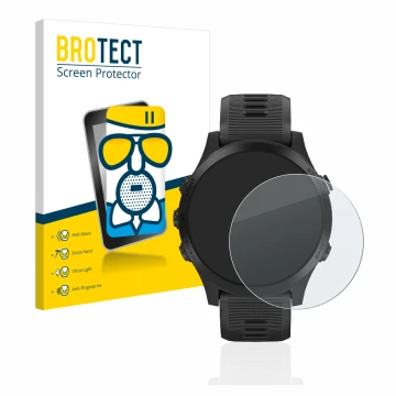 Front side of a product packaging with the brand logo BROTECT. Next to it is the device Garmin Forerunner 945 shown with the c