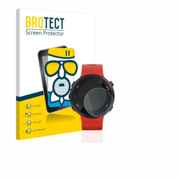 Front side of a product packaging with the brand logo BROTECT. Next to it is the device Garmin Forerunner 45 shown with the co