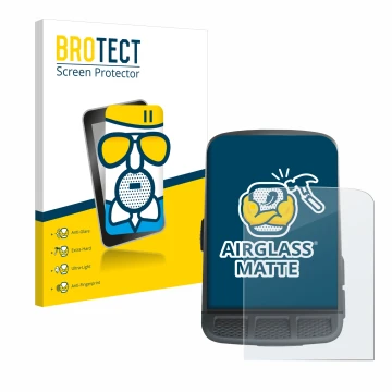 Front side of a product packaging with the brand logo BROTECT. Next to it is the device Wahoo Elemnt Roam shown with the corre