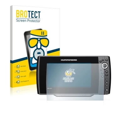 Front side of a product packaging with the brand logo BROTECT. Next to it is the device Humminbird Helix 9 G3N shown with the 