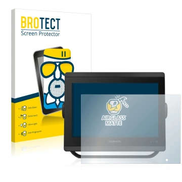 Front side of a product packaging with the brand logo BROTECT. Next to it is the device Garmin GPSMAP 8410xsv shown with the c