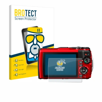 Front side of a product packaging with the brand logo BROTECT. Next to it is the device Olympus Tough TG-6 shown with the corr