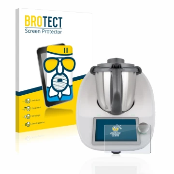 Front side of a product packaging with the brand logo BROTECT. Next to it is the device Vorwerk Bimby TM6 shown with the corre