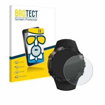 Front side of a product packaging with the brand logo BROTECT. Next to it is the device Suunto 5 shown with the corresponding 