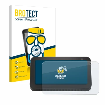 Front side of a product packaging with the brand logo BROTECT. Next to it is the device Amazon Echo Show 5 (2nd Gen.) shown wi