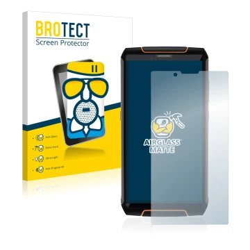 Front side of a product packaging with the brand logo BROTECT. Next to it is the device Cubot King Kong 3 shown with the corre