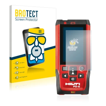 Front side of a product packaging with the brand logo BROTECT. Next to it is the device Hilti PD-E shown with the correspondin