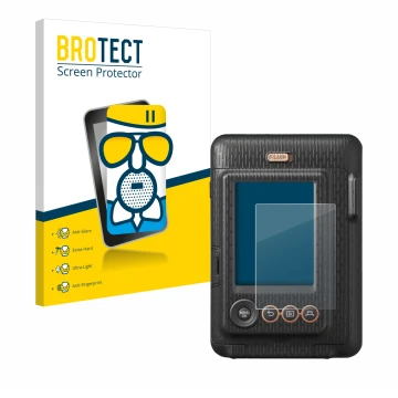 Front side of a product packaging with the brand logo BROTECT. Next to it is the device Fujifilm Instax Mini LiPlay shown with