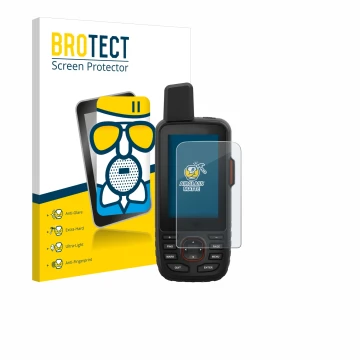Front side of a product packaging with the brand logo BROTECT. Next to it is the device Garmin GPSMAP 66i shown with the corre