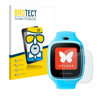 Front side of a product packaging with the brand logo BROTECT. Next to it is the device Xplora Go shown with the corresponding
