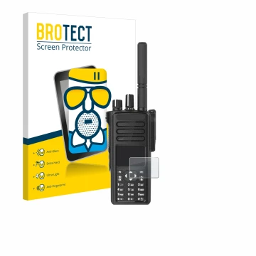 Front side of a product packaging with the brand logo BROTECT. Next to it is the device Motorola DP4801e shown with the corres