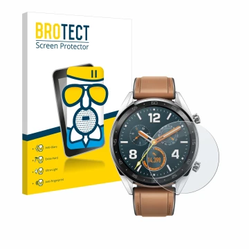 Front side of a product packaging with the brand logo BROTECT. Next to it is the device Huawei Watch GT Classic shown with the