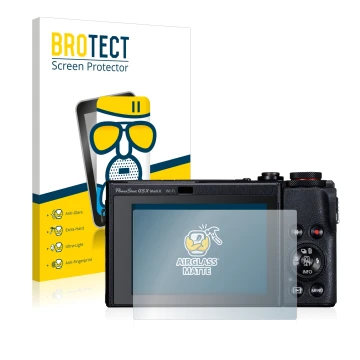Front side of a product packaging with the brand logo BROTECT. Next to it is the device Canon PowerShot G5 X Mark II shown wit