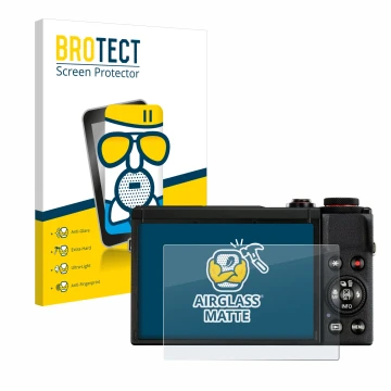 Front side of a product packaging with the brand logo BROTECT. Next to it is the device Canon PowerShot G7 X Mark III shown wi