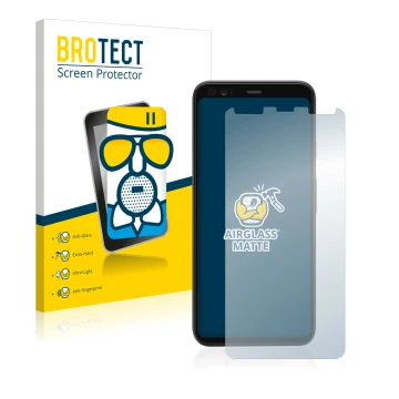 Front side of a product packaging with the brand logo BROTECT. Next to it is the device Google Pixel 4 shown with the correspo