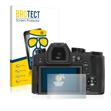 Front side of a product packaging with the brand logo BROTECT. Next to it is the device Leica V-LUX 5 shown with the correspon