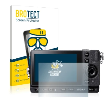 Front side of a product packaging with the brand logo BROTECT. Next to it is the device Sigma FP shown with the corresponding 