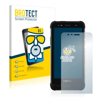 Front side of a product packaging with the brand logo BROTECT. Next to it is the device Cyrus CS45 XA shown with the correspon