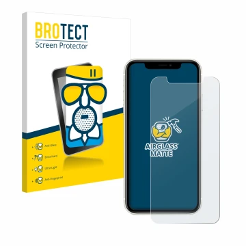 Front side of a product packaging with the brand logo BROTECT. Next to it is the device Apple iPhone 11 shown with the corresp