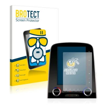 Front side of a product packaging with the brand logo BROTECT. Next to it is the device Renault Scenic R-Link 2 8.7