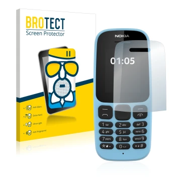 Front side of a product packaging with the brand logo BROTECT. Next to it is the device Nokia 105 2019 shown with the correspo
