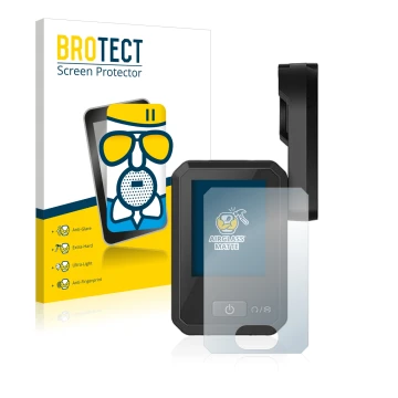 Front side of a product packaging with the brand logo BROTECT. Next to it is the device Flyer Display D0 shown with the corres