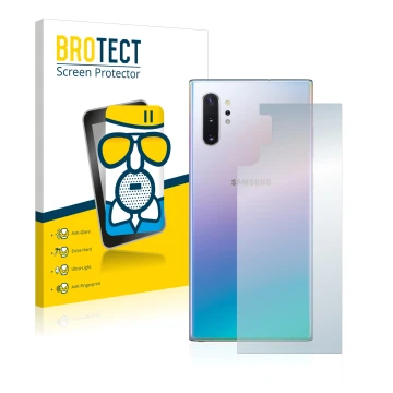 Front side of a product packaging with the brand logo BROTECT. Next to it is the device Samsung Galaxy Note 10 Plus (Back) sho