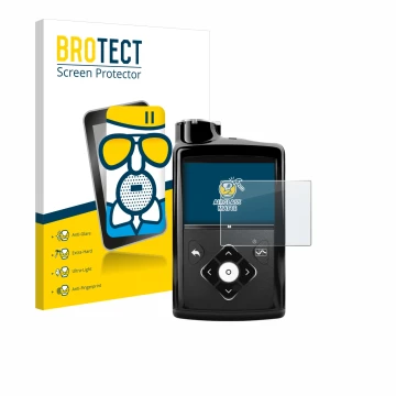 Front side of a product packaging with the brand logo BROTECT. Next to it is the device Medtronic Minimed 670G shown with the 