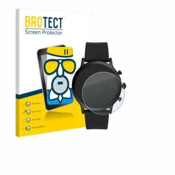 Front side of a product packaging with the brand logo BROTECT. Next to it is the device Fossil The Carlyle HR (5.Gen) shown wi