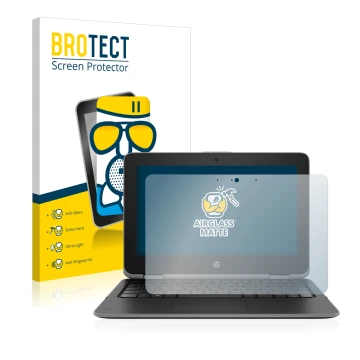 Front side of a product packaging with the brand logo BROTECT. Next to it is the device HP ProBook x360 11 G3 shown with the c