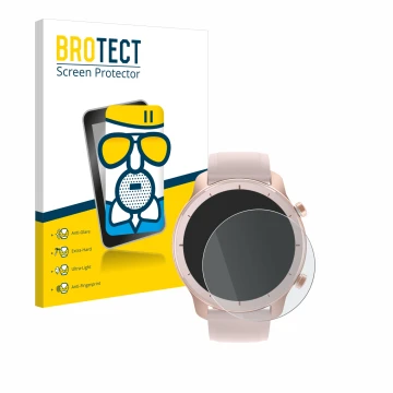 Front side of a product packaging with the brand logo BROTECT. Next to it is the device Huami Amazfit GTR (42 mm) shown with t