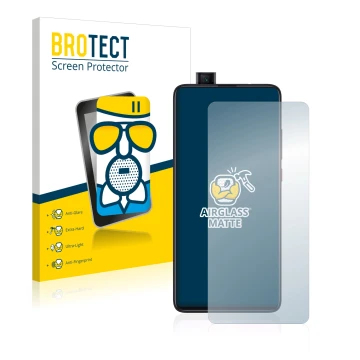 Front side of a product packaging with the brand logo BROTECT. Next to it is the device Xiaomi Mi 9T Pro shown with the corres